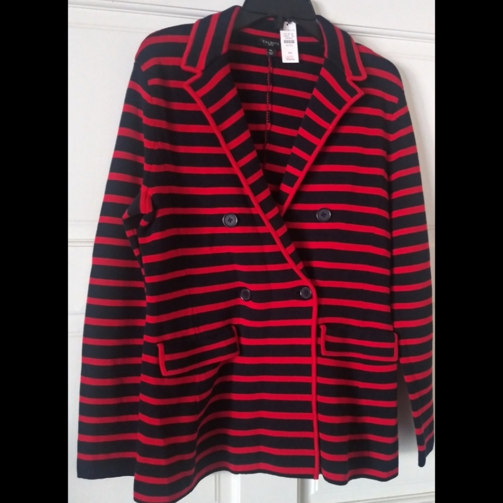 Talbots Stripe Red Navy Blazer Jacket Medium Petite MP - Picture 6 of 6